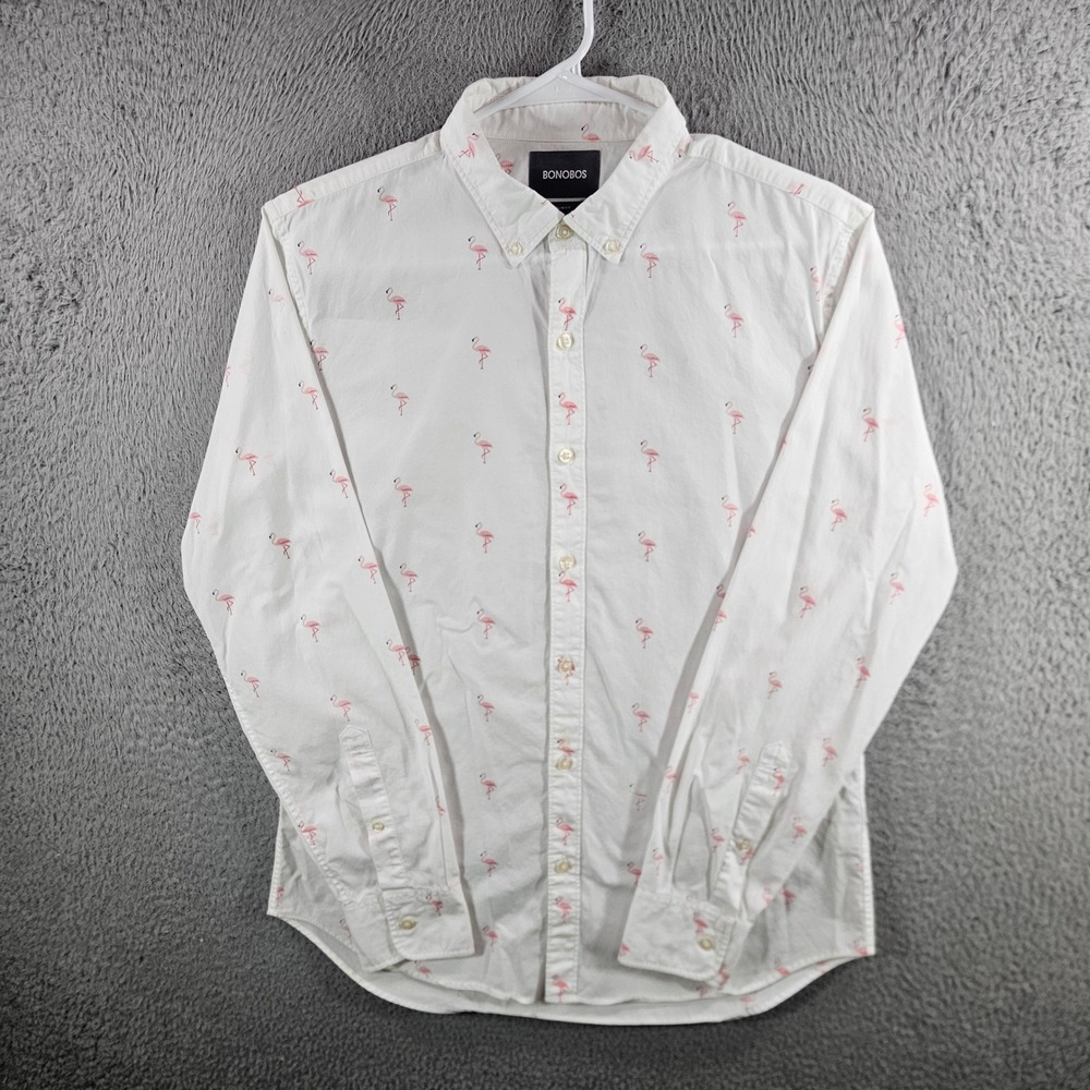 Bonobos Mens Slim Fit Flamingo Print Button Down Shirt White Pink Medium Cotton